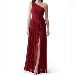 One shoulder, formal, burgundy bridesmaid dress